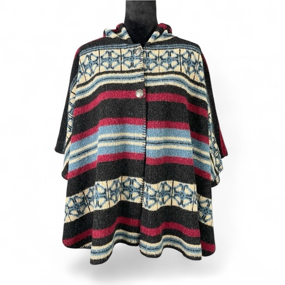 Vermont Country Store Wool Hooded Poncho Jacket Aztec Western Stripe Cabin S/M - Picture 1 of 13